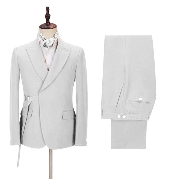 Fashion Peaked Lapel Silver Men Suits with Adjustable Buckle