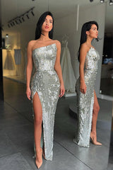 Fashion Silver Asymmetric neckline High split Prom Dress Sequin