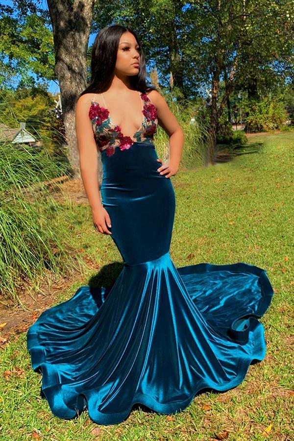 Floral Appliques Sexy Deep Sleeveless V-Neck Sweep Train Mermaid Prom Dresses