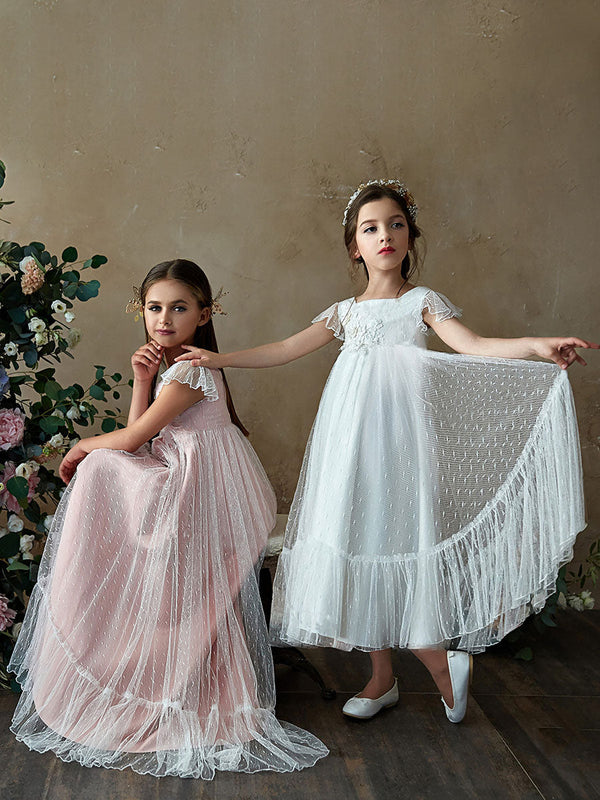 Flower Girl A-line Party Dress Flare Sleeve White Bridesmaid Dress