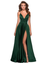 Forest Green A-Line Backless Silk Like Satin V-Neck Long Bridesmaid Dress