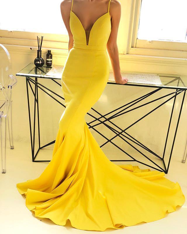 Ginger Yellow Sexy Deep V-Neck Formal Dresses with Chapel Train Chic Simple Body-fitting Evening Party Gowns for Sale