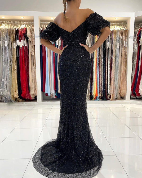 Glamorous Black Mermaid Sequins Prom Dress Long Split Off-the-Shoulder