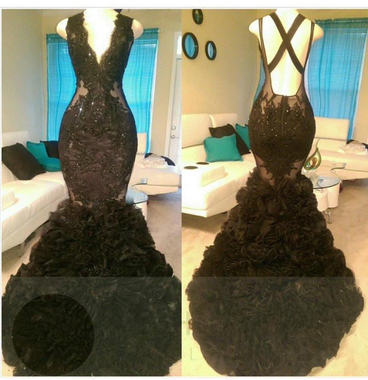 Glamorous Black Mermaid V-Neck Tulle Appliques Backless Formal Dresses