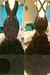 Glamorous Black Mermaid V-Neck Tulle Appliques Backless Formal Dresses