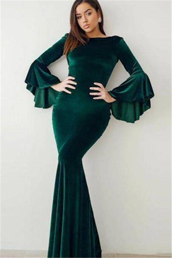 Glamorous Green Mermaid Velvet Prom Dresses Online Flare Sleeve Vintage Evening Dresses