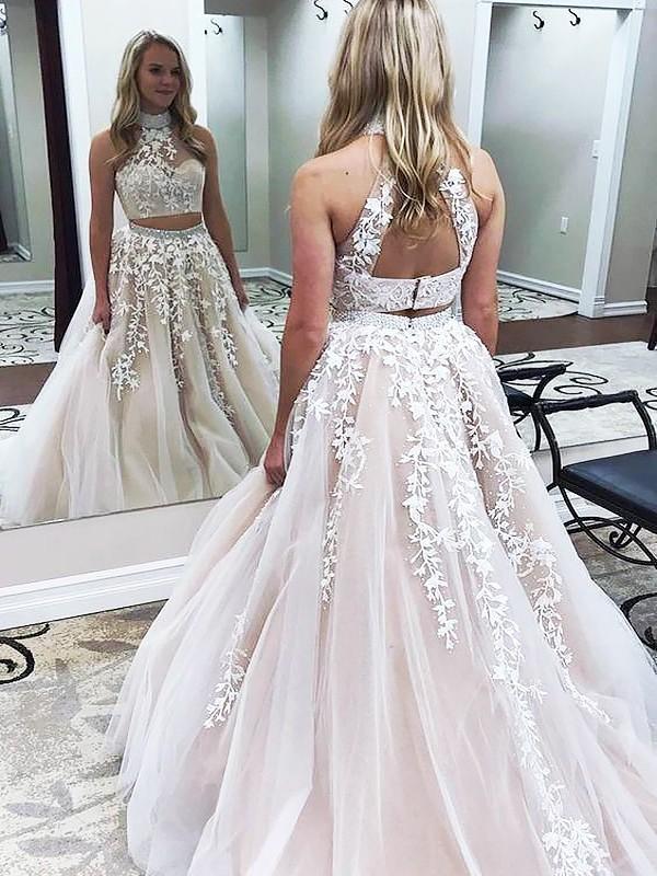 Glamorous Halter Designer Two Pieces Applique Prom Dresses Chic Lace Up Crystal Evening Dresses with Beads