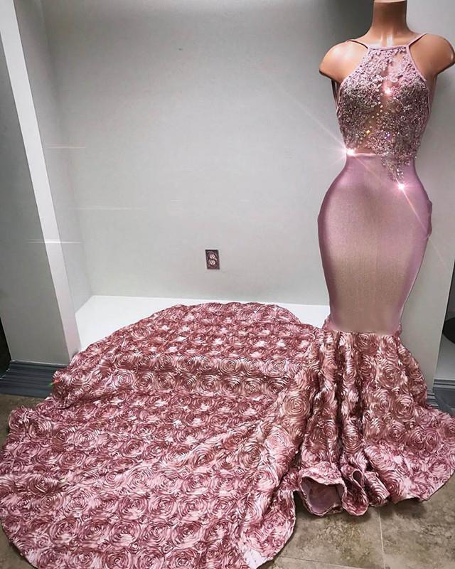 Glamorous Halter Mermaid Pink Formal DressesLace With 3D-Floral Flowers Bottom