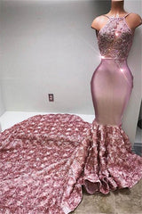 Glamorous Halter Mermaid Pink Formal DressesLace With 3D-Floral Flowers Bottom
