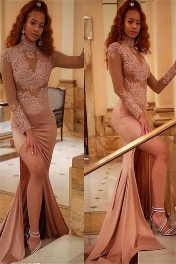 Glamorous High-Neck Applique Long Sleeves Prom Dresses Chic Mermaid Split Evening Dresses with Beads