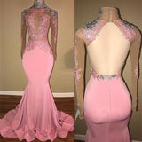 Glamorous High-Neck Backless Pink Formal DressesMermaid With Lace Appliques