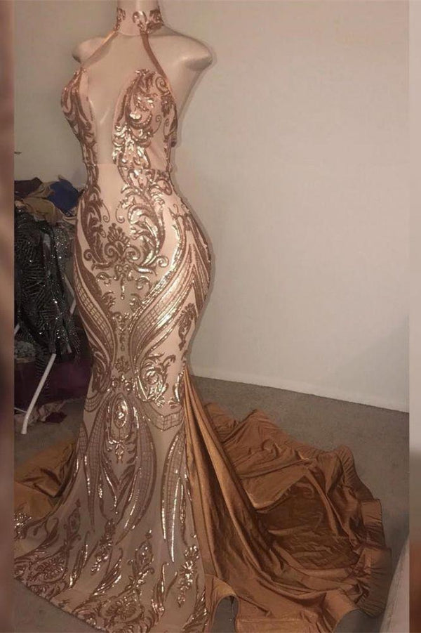 Glamorous High-Neck Gold Mermaid Long Prom DressesReal Model Series