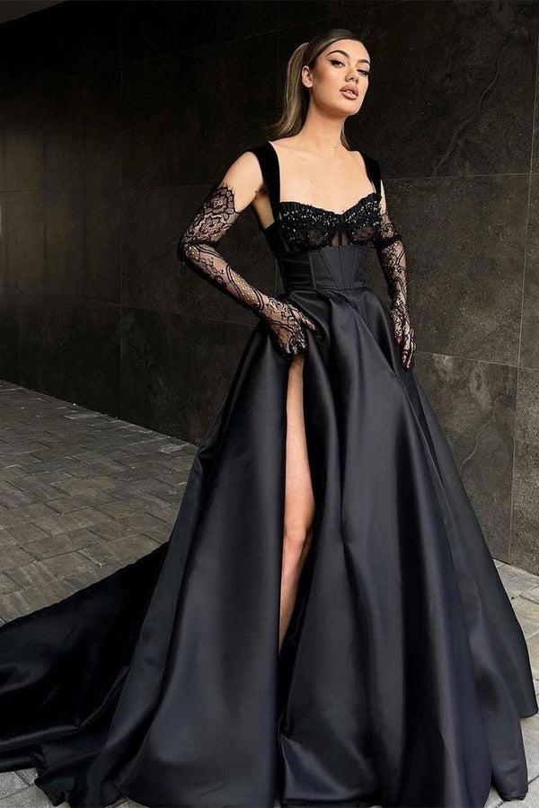 Glamorous Long Black Lace Sleeveless Evening Party Gowns Long Slit Online
