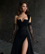 Glamorous Long Black One Shoulder Sleeveless Lace Evening Party Gowns With Sit