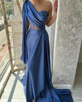Glamorous Long Blue One Shoulder Sleeveless Evening Party Gowns