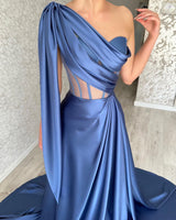 Glamorous Long Blue One Shoulder Sleeveless Evening Party Gowns