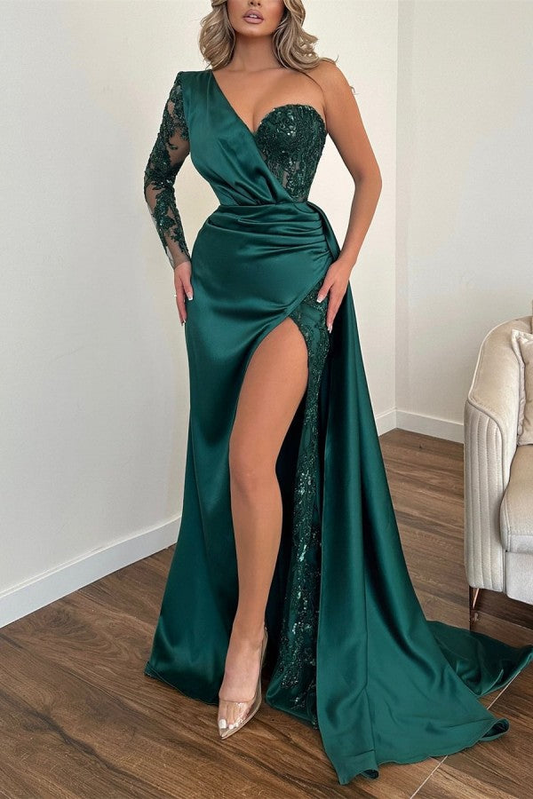 Glamorous Long Dark Green One Shoulder Long Sleeve Split Evening Party Gowns With Lace
