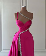 Glamorous Long Fuchsia One Shoulder Jewels Sleeveless Evening Party Gowns Long Slit Online