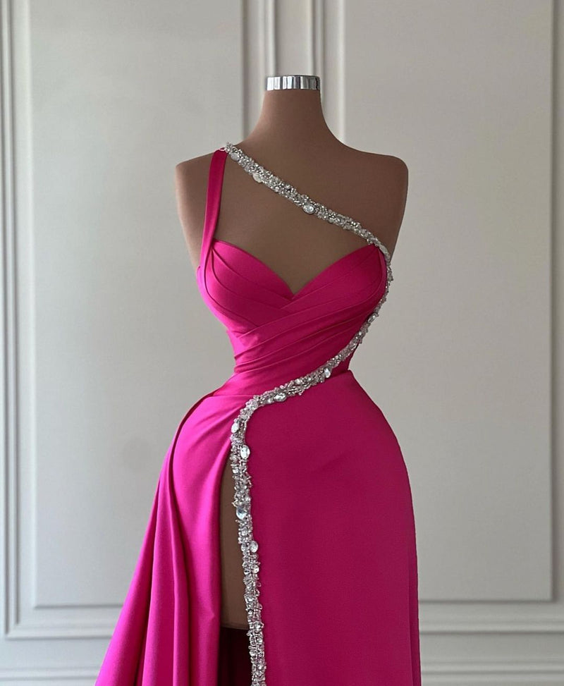 Glamorous Long Fuchsia One Shoulder Jewels Sleeveless Evening Party Gowns Long Slit Online