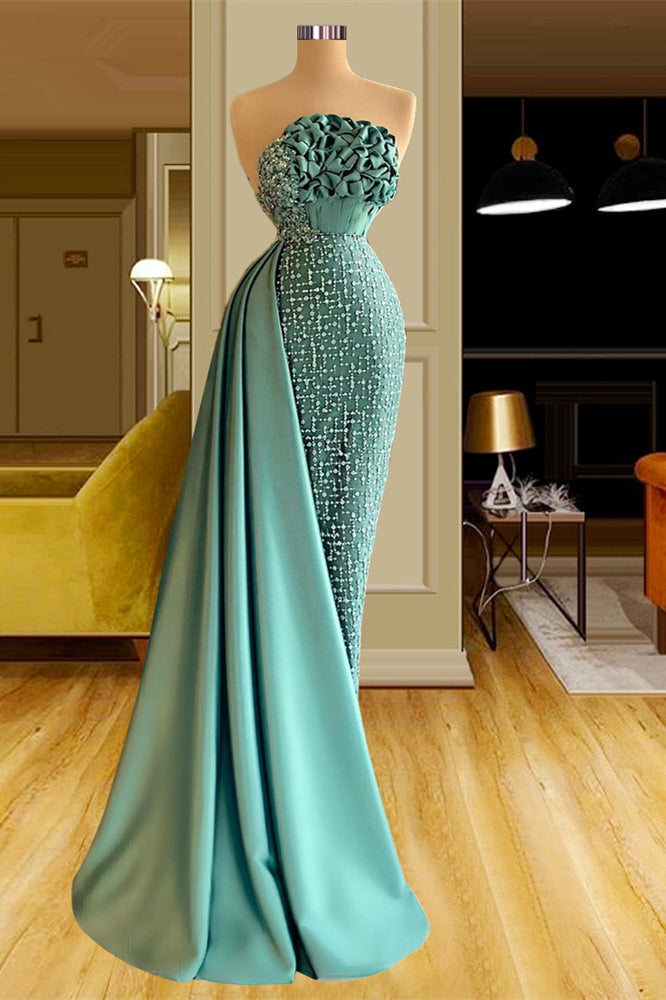 Glamorous Long Green Mermaid Sleeveless Beading Evening Party Gowns With Ruffles Long
