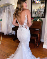 Glamorous Long Mermaid V-neck Sleeveless Lace Bridal Gown