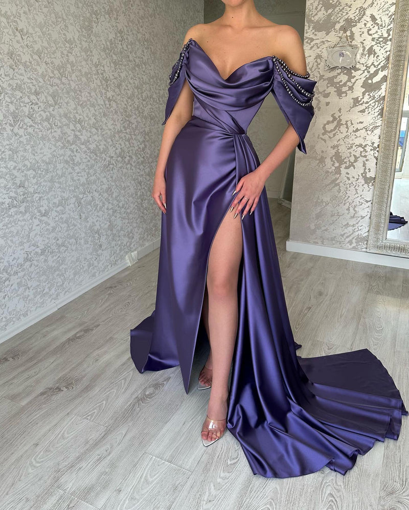 Glamorous Long Purple Off-the-Shoulder Sleeveless Evening Party Gowns Long Slit Online