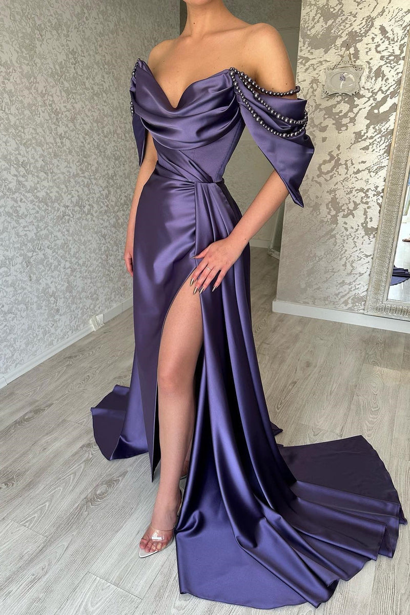 Glamorous Long Purple Off-the-Shoulder Sleeveless Evening Party Gowns Long Slit Online