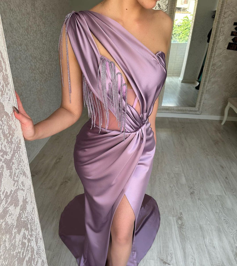 Glamorous Long Purple One Shoulder Beading Sleeveless Evening Party Gowns Long Slit Online