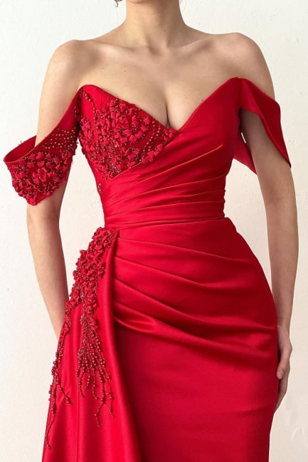 Glamorous Long Red Mermaid Off-the-Shoulder Lace Evening Party Gowns
