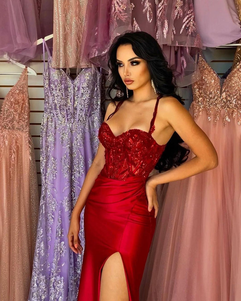 Glamorous Long Red Spaghetti Straps Sequins Lace Sleeveless Evening Party Gowns Long Slit Online
