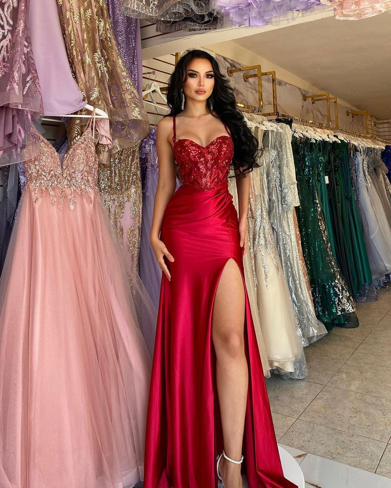 Glamorous Long Red Spaghetti Straps Sequins Lace Sleeveless Evening Party Gowns Long Slit Online