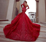 Glamorous Long Sleeves Mermaid Evening Dresses with Train Backless Lace Crystal Prom Dresses