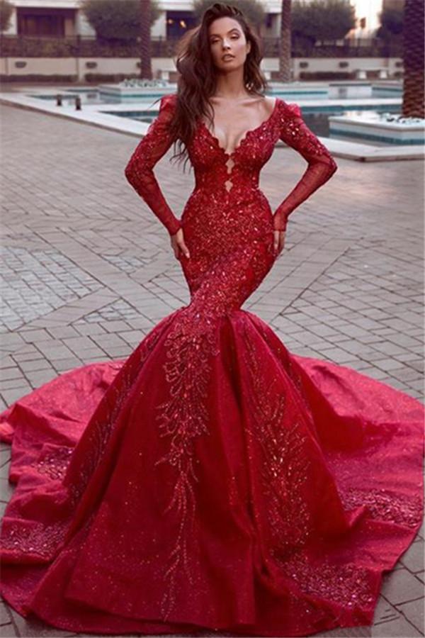 Glamorous Long Sleeves Mermaid Evening Dresses with Train Backless Lace Crystal Prom Dresses