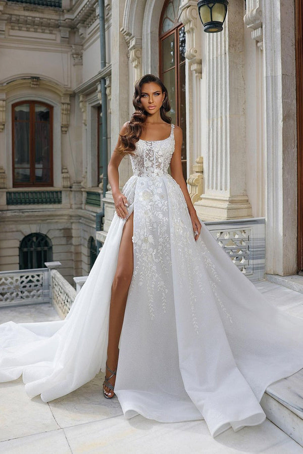 Glamorous Long White Straps Sleeveless Lace Bridal Gown Long Slit Online