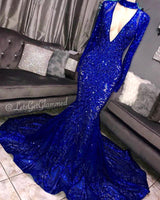Glamorous Mermaid Long Sleeves Sexy Deep V-Neck Lace Applique Prom Dresses