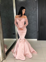 Glamorous Mermaid Off-the-Shoulder Prom Gowns Long Sleevess Lace Evening Dresses