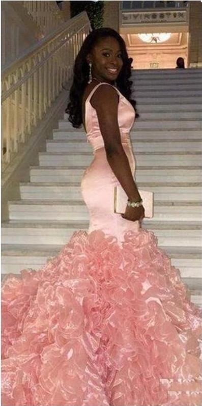 Glamorous Mermaid Ruffles Sleeveless Pink V-Neck Formal Dresses