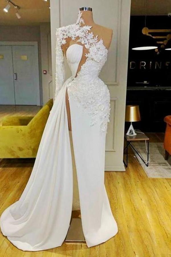 Glamorous One Shoulder Long Sleeves Prom Dress With Lace Appliques Split