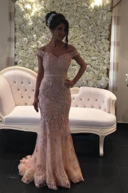 Glamorous Pink Off-the-shouder Prom Dresses Glitter Lace Mermaid Evening Gowns