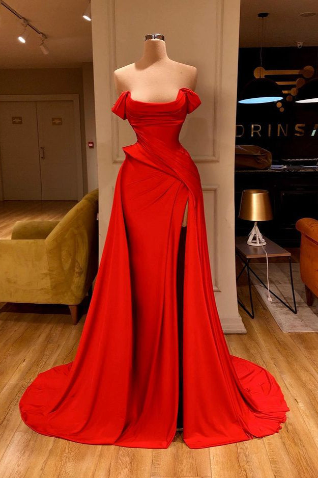 Glamorous Red Long Prom Dress With Split On Sale Off-the-Shoulder