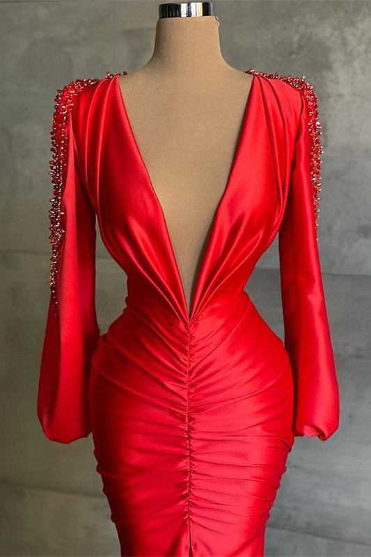 Glamorous Red Long Sleeves Prom Dress Mermaid Deep V-Neck