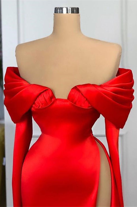 Glamorous Red Mermaid Prom Dress Off-the-Shoulder Split Long Sleeves