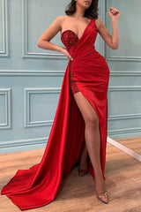 Glamorous Red Slit Prom Dress Long With Sequins Beadings One Shoulder