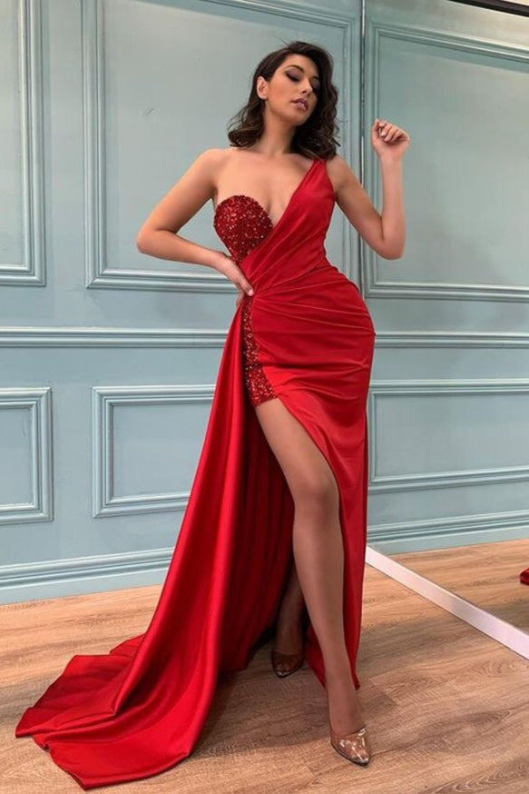 Glamorous Red Slit Prom Dress Long With Sequins Beadings One Shoulder