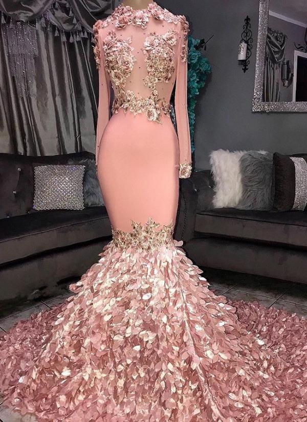 Glamorous Round Neck Flower Long Sleeves Sequins Mermaid Prom Dresses