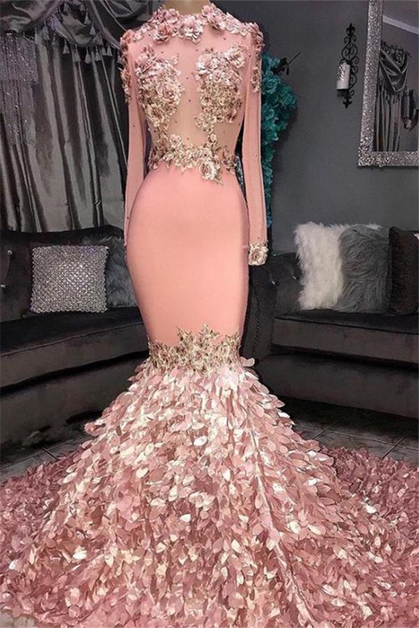 Glamorous Round Neck Flower Long Sleeves Sequins Mermaid Prom Dresses