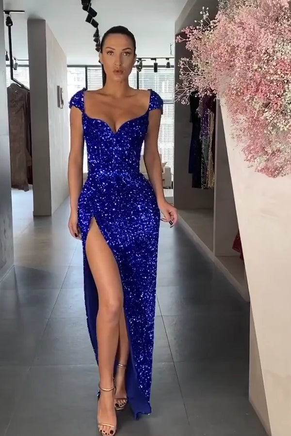 Glamorous Royal Blue Sequins Prom Dress Split Cap Sleeve