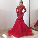 Glamorous Scarlet Long Sleeves Mermaid Prom Dresses Gorgeous Sequins Fit and Flare Formal Dresses