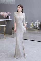 Glamorous Silver Party Dress Long Sleeves Long Prom Dresses
