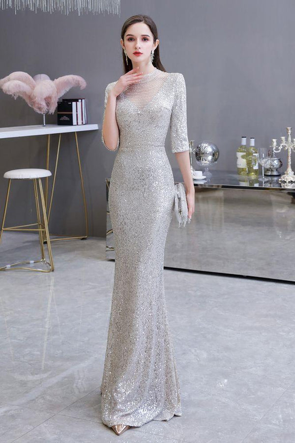 Glamorous Silver Party Dress Long Sleeves Long Prom Dresses